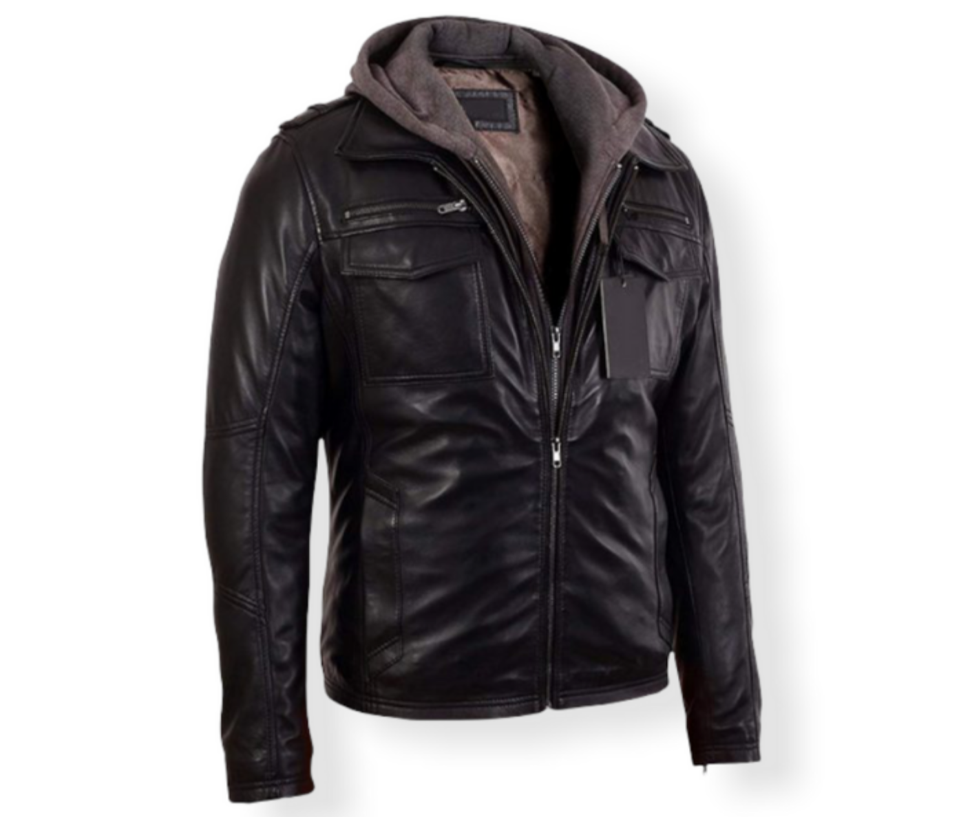 BLACK BOMBER MEN COW-HIDE LEATHER JACKET IN HOOD