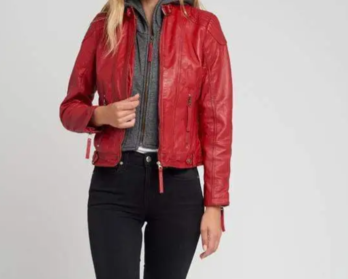 Removable Hooded Leather Jacket- Red