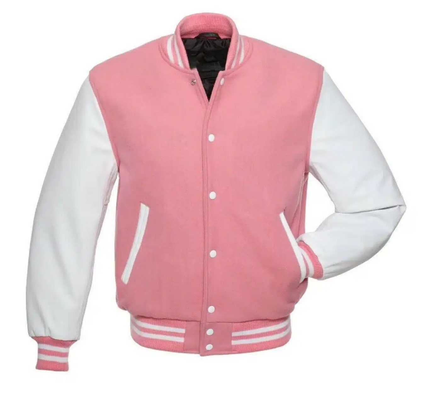 Bomber Jacket Baseball Pink Wool with Leather Sleeves