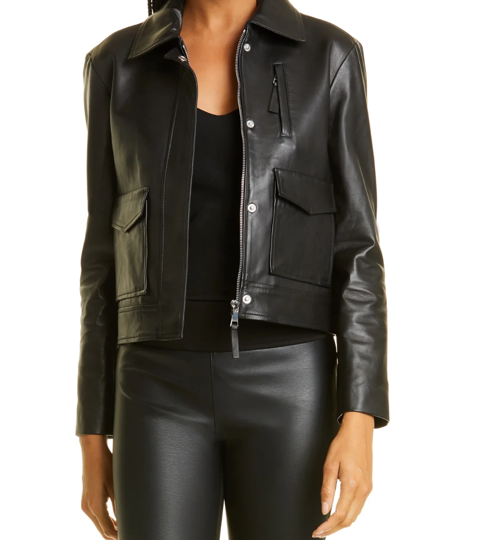 Black Bomber Leather Jacket Point Collar