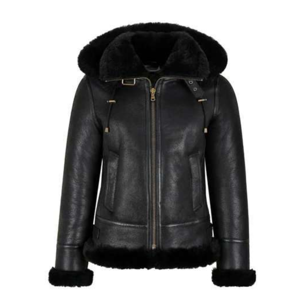 WOMENS BOMBER HOODED CLASSIC BLACK SHEARLING JACKET