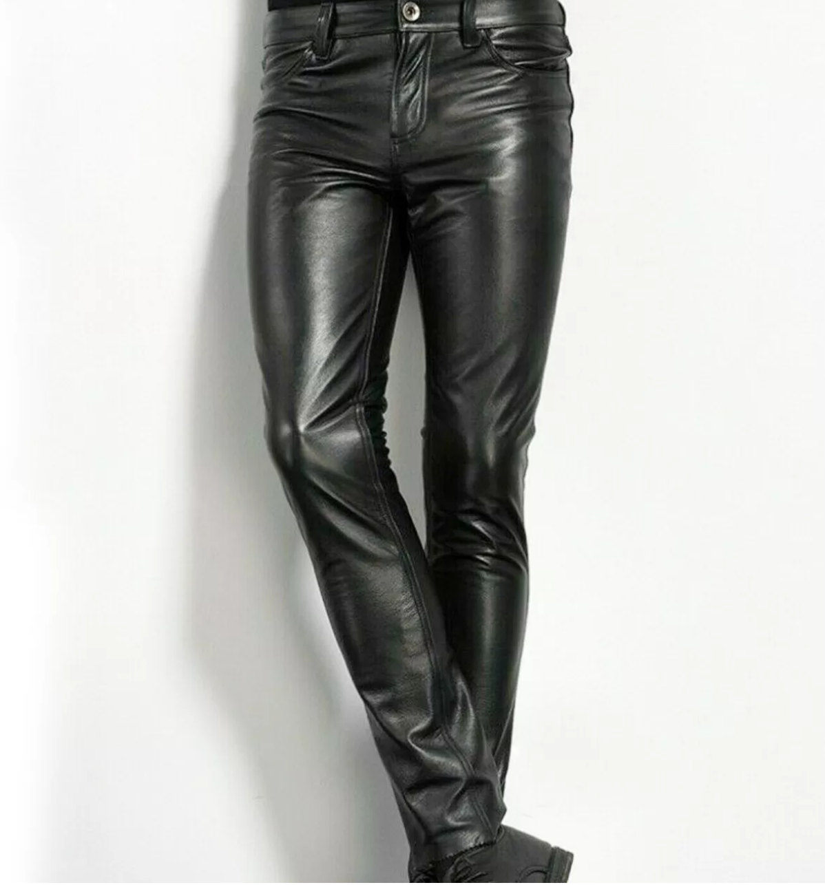 Men’s Slim Fit Genuine Leather Pants Casual Tight Trousers Biker Pants