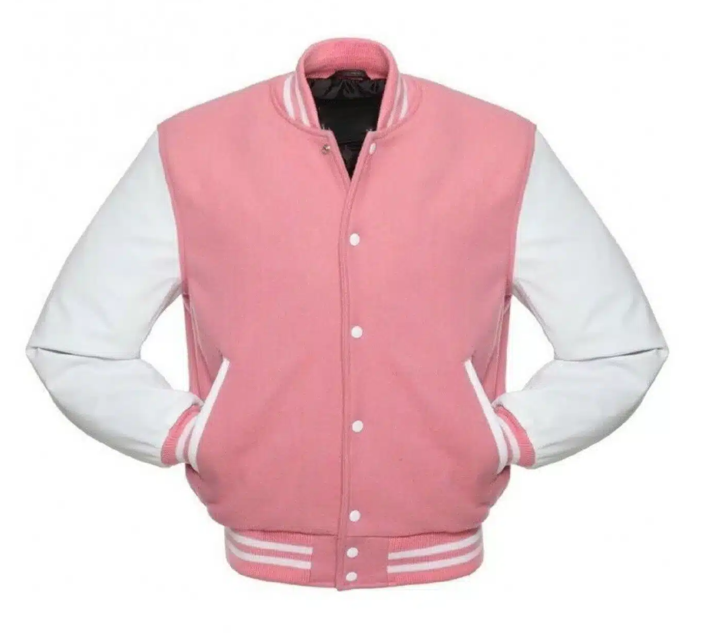 Bomber Jacket Baseball Pink Wool with Leather Sleeves