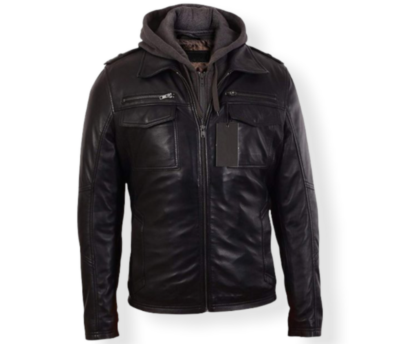 BLACK BOMBER MEN COW-HIDE LEATHER JACKET IN HOOD