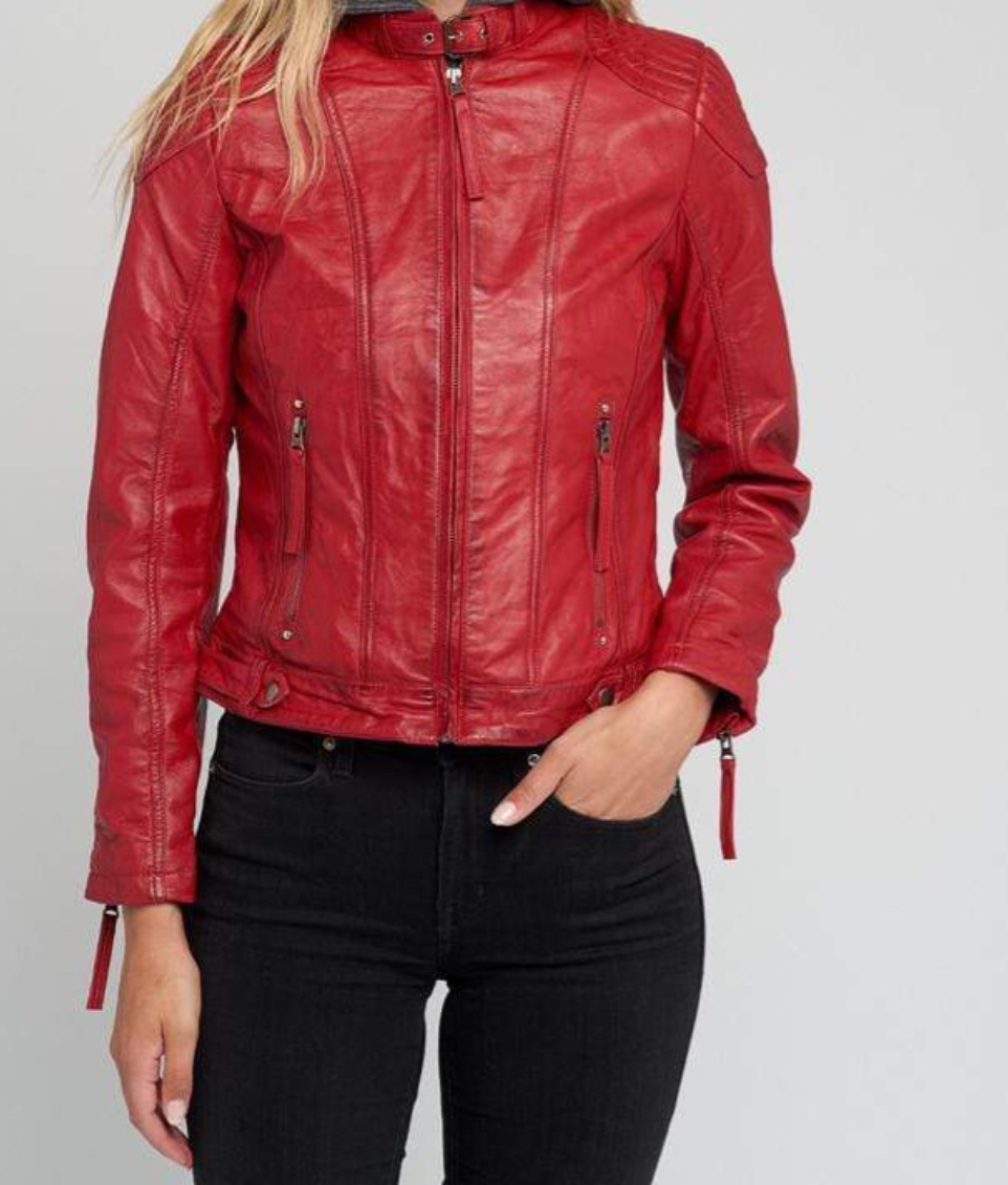 Removable Hooded Leather Jacket- Red