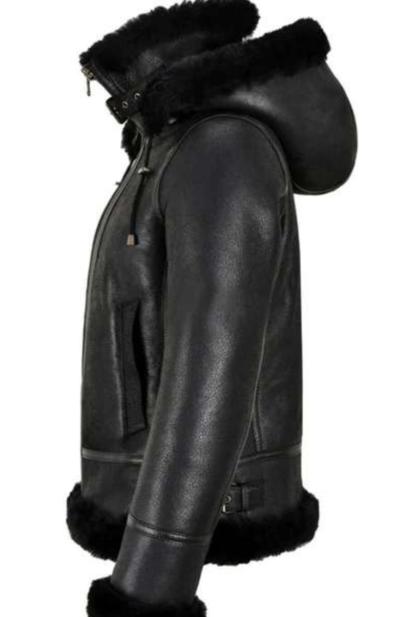 WOMENS BOMBER HOODED CLASSIC BLACK SHEARLING JACKET