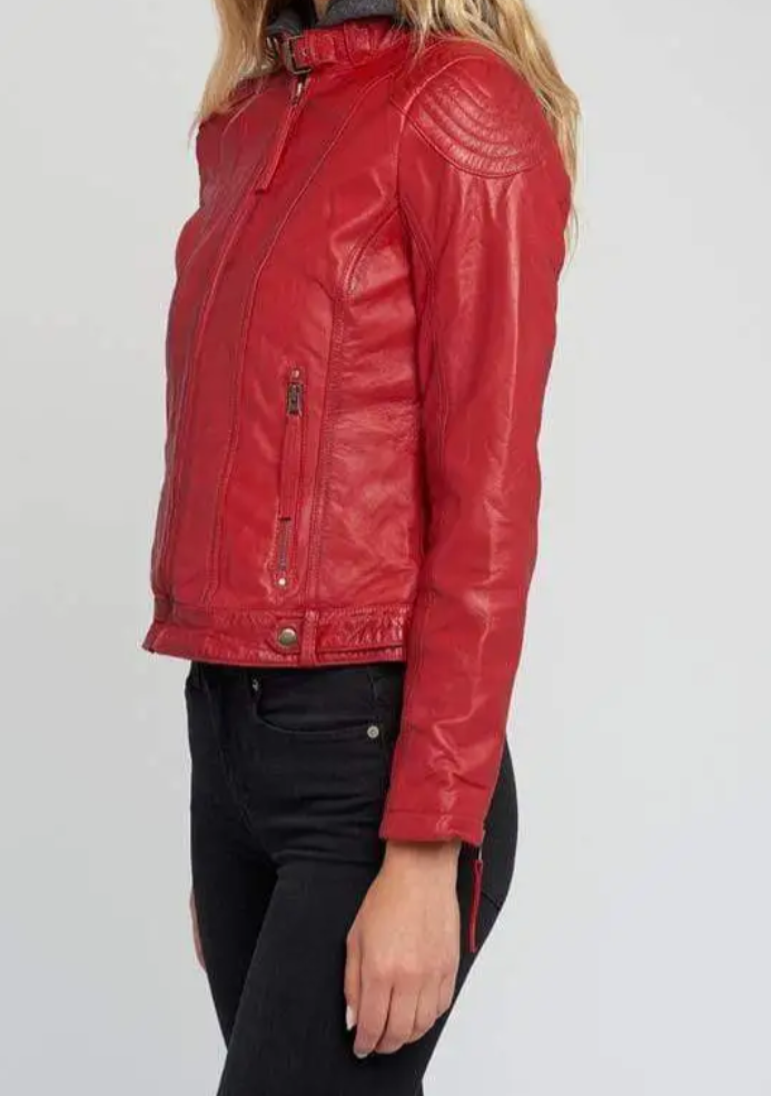 Removable Hooded Leather Jacket- Red