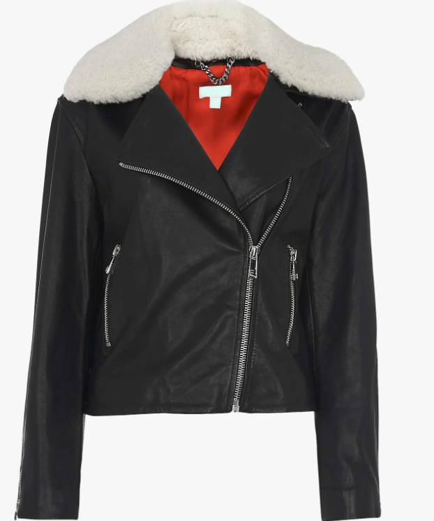 Black Designer Leather Jacket Faux Collar