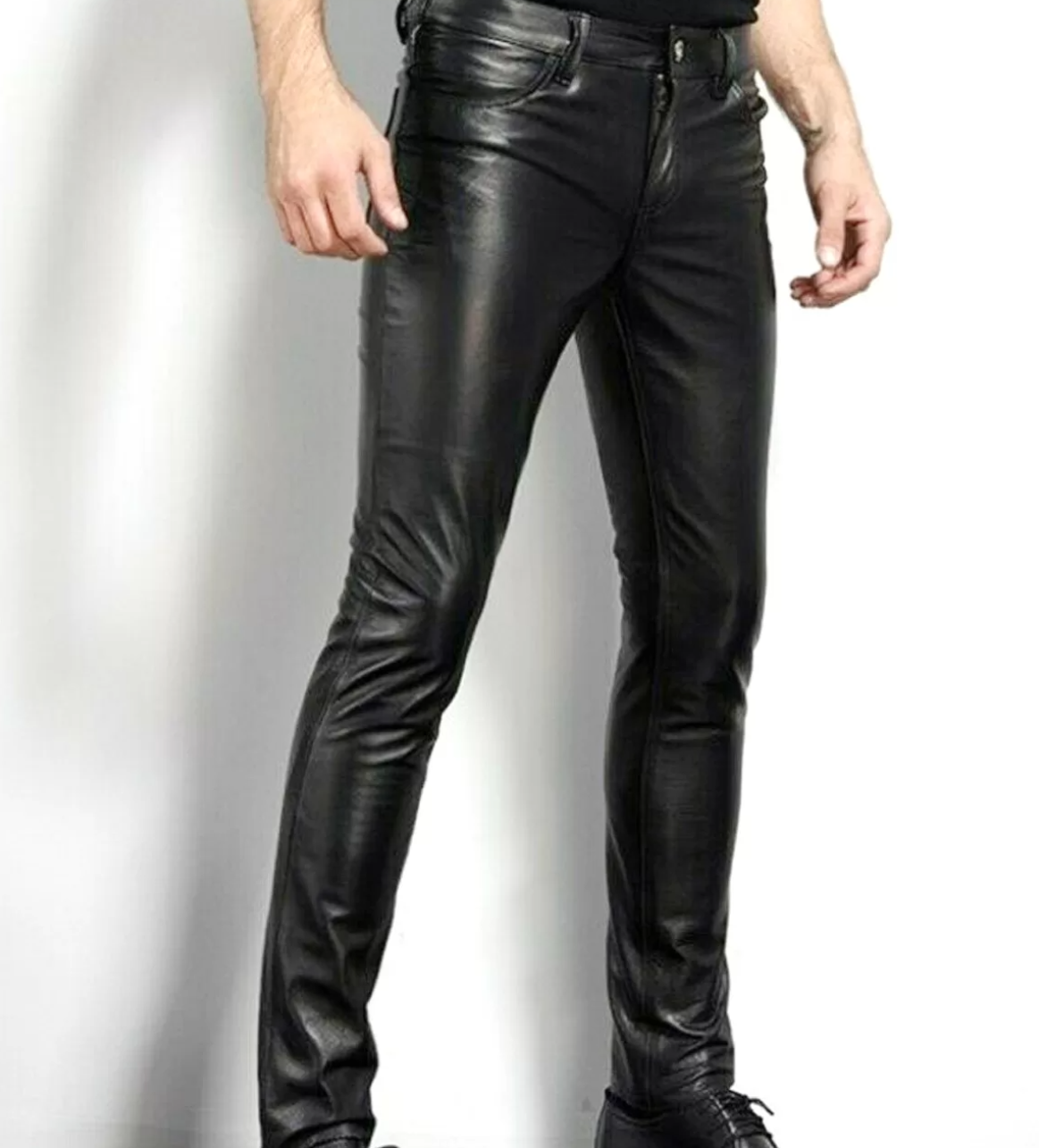 Men’s Slim Fit Genuine Leather Pants Casual Tight Trousers Biker Pants