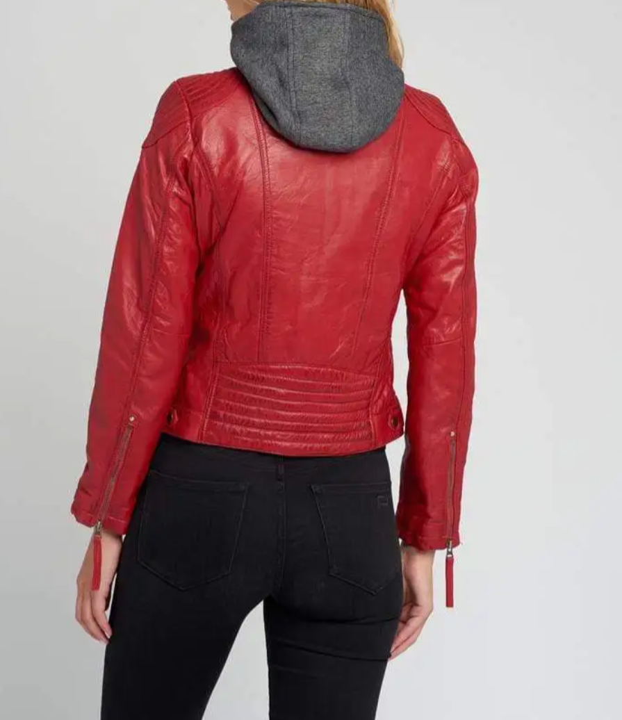 Removable Hooded Leather Jacket- Red