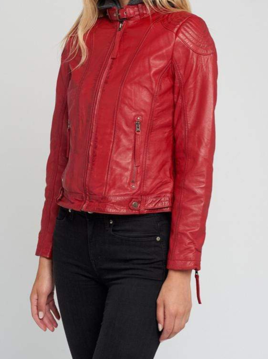 Removable Hooded Leather Jacket- Red